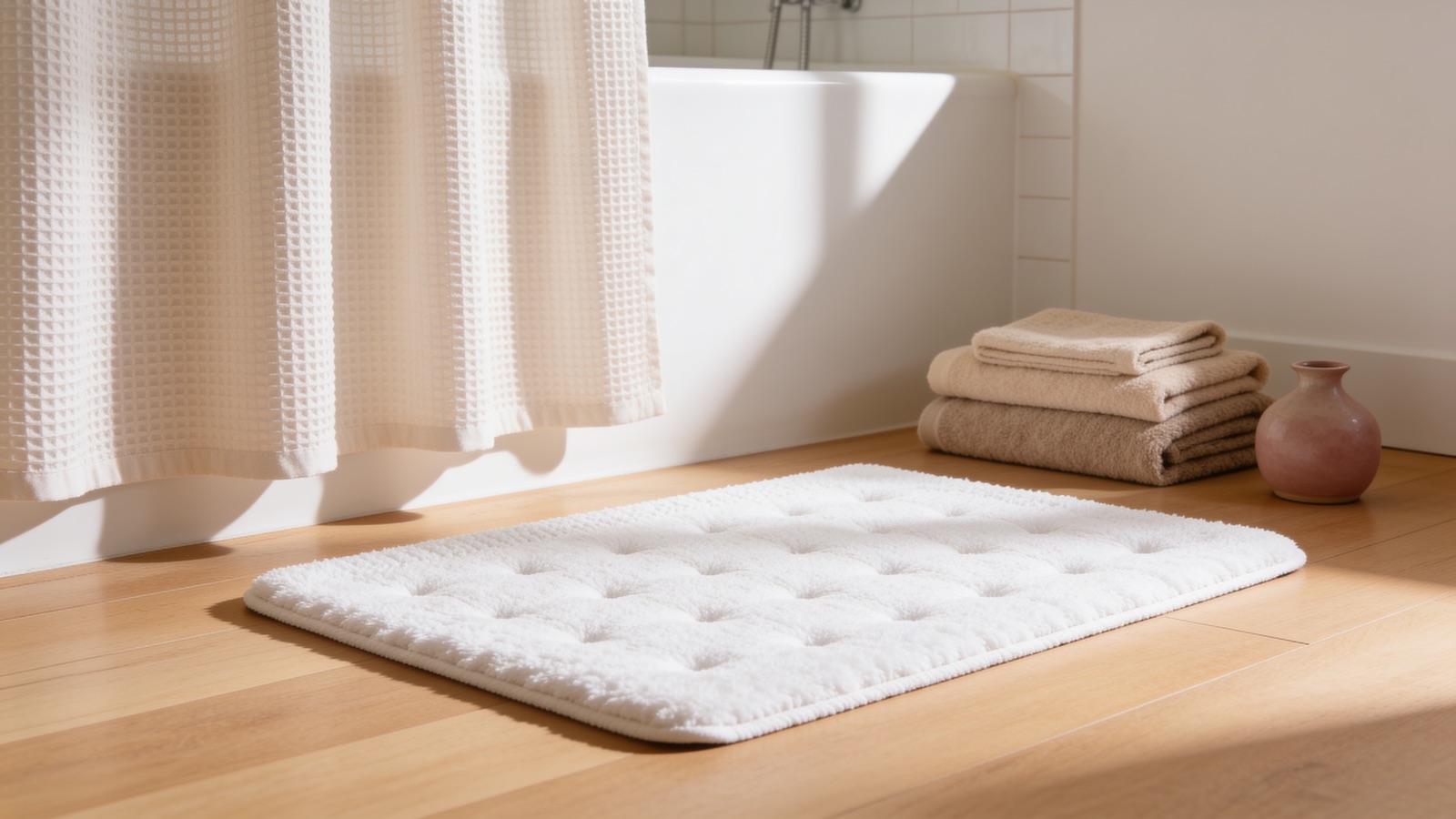 White tufted cotton bath mat plush underfoot on a warm wood bathroom floor in soft light