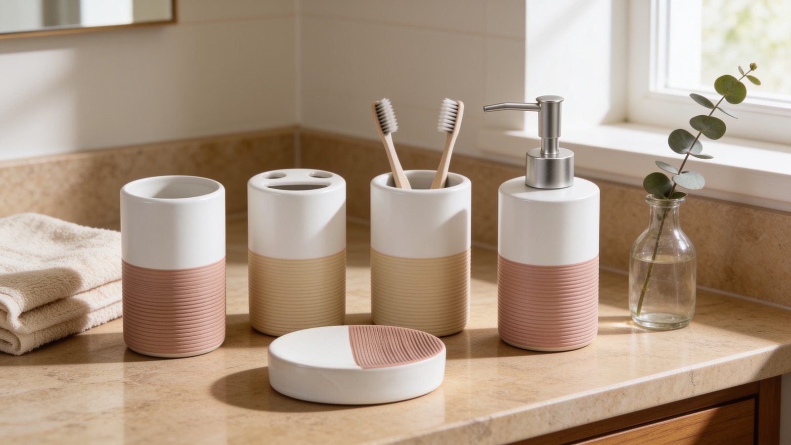 MyGift four-piece matte white and clay-stripe ceramic bathroom set styled on a stone vanity.