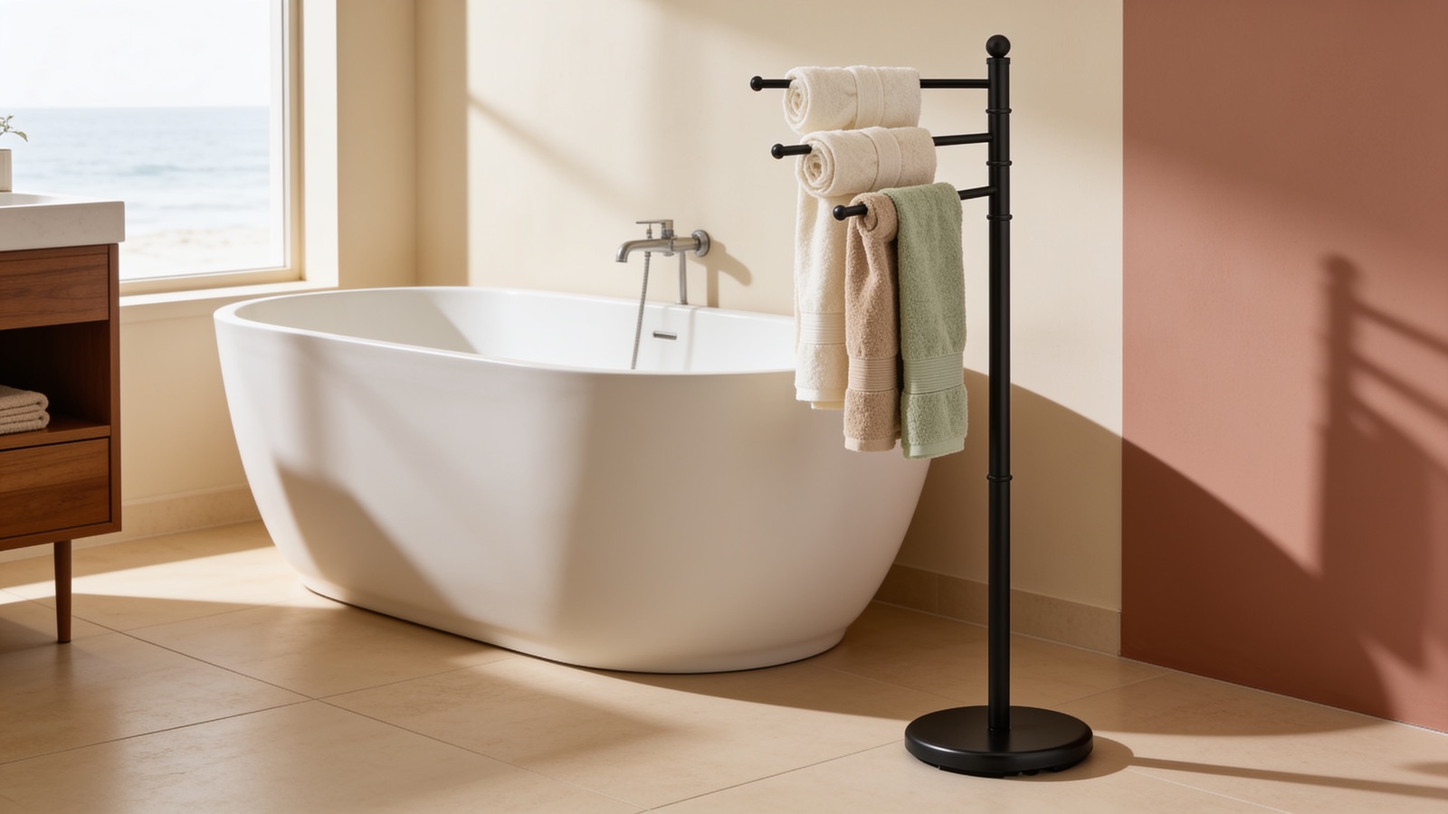 Matte-black freestanding three-arm towel stand with rolled spa towels in a coastal bathroom