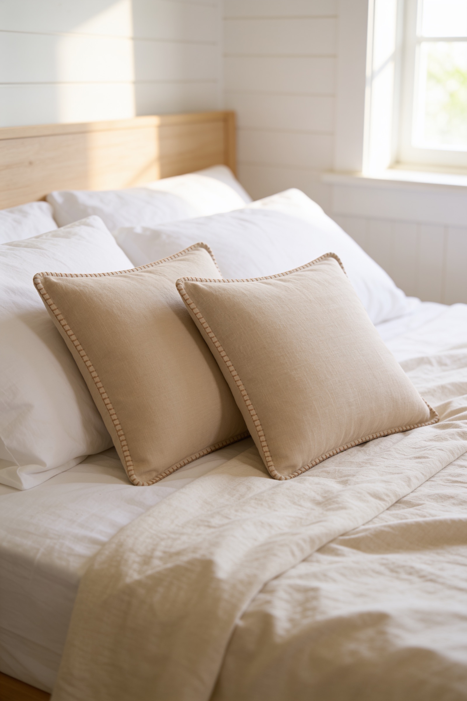 A pair of beige stitched-edge linen-look cushion covers layered on a made bed
