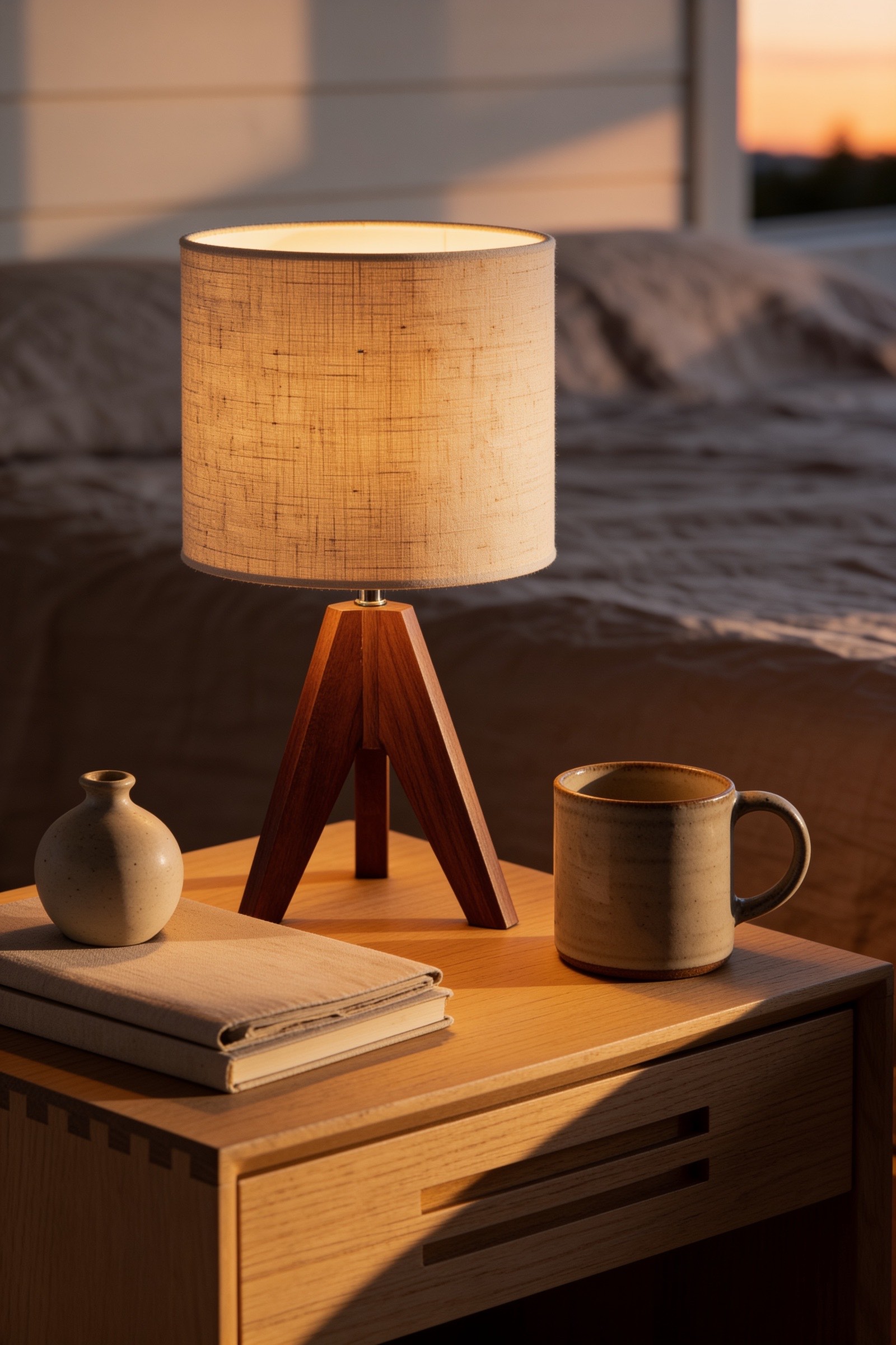 Natural wood tripod bedside lamp with a beige linen drum shade casting a warm glow